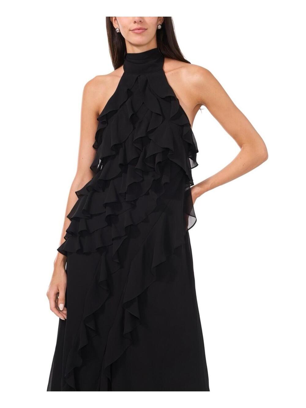 $119 CeCe Women's Black Chiffon Ruffled Self-Tie Halter Sleeveless Dress Size 8 - Picture 3 of 7